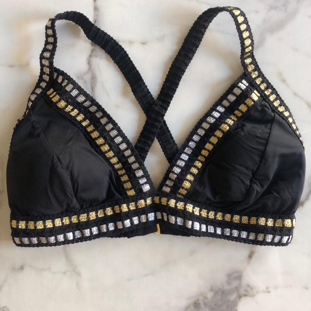 La Blanca Bikini top black Metallic ribbon halter